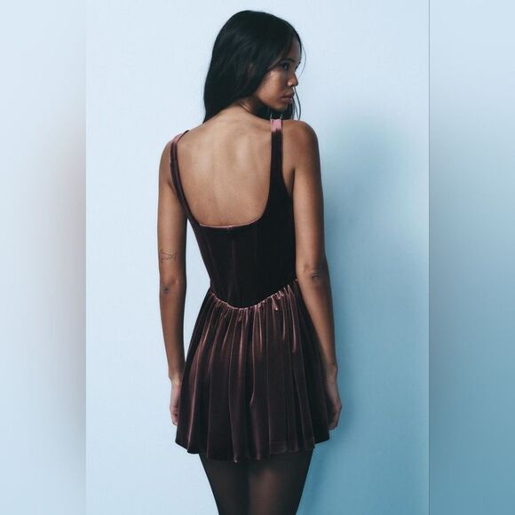 NWT NEW ZARA 2024 mauve GATHERED CORSETRY-INSPIRED DRESS corset rushed maroon - Picture 8 of 16